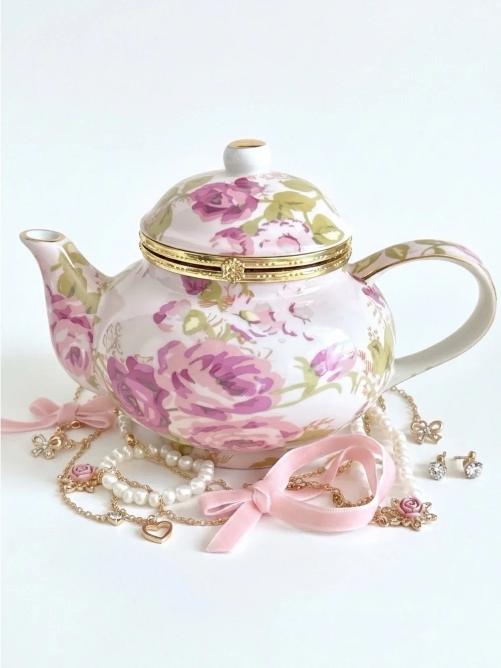 BAUM Asian Rose Collection Hinged Lid Porcelain Teapot Trinket Box Pink Floral